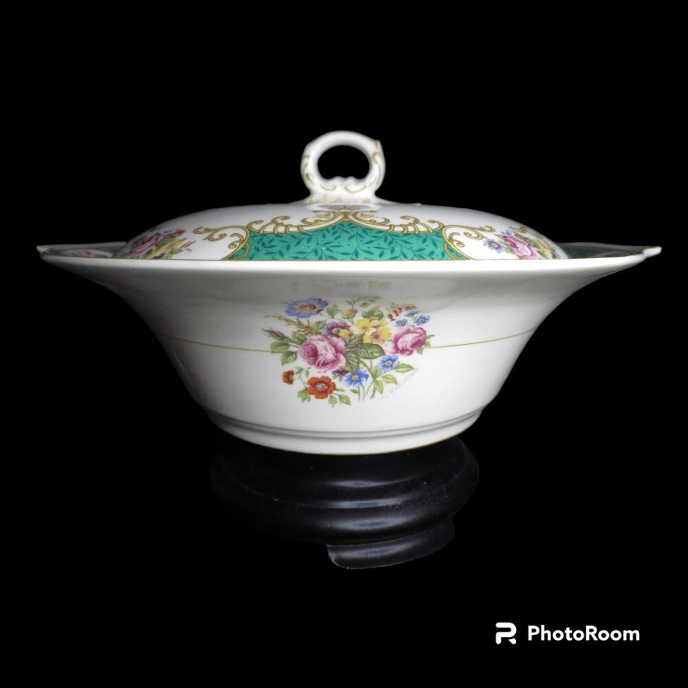 Myott Covered Serving Bowl Coronation Rose 9" Green 4258 Signed L Callibotte